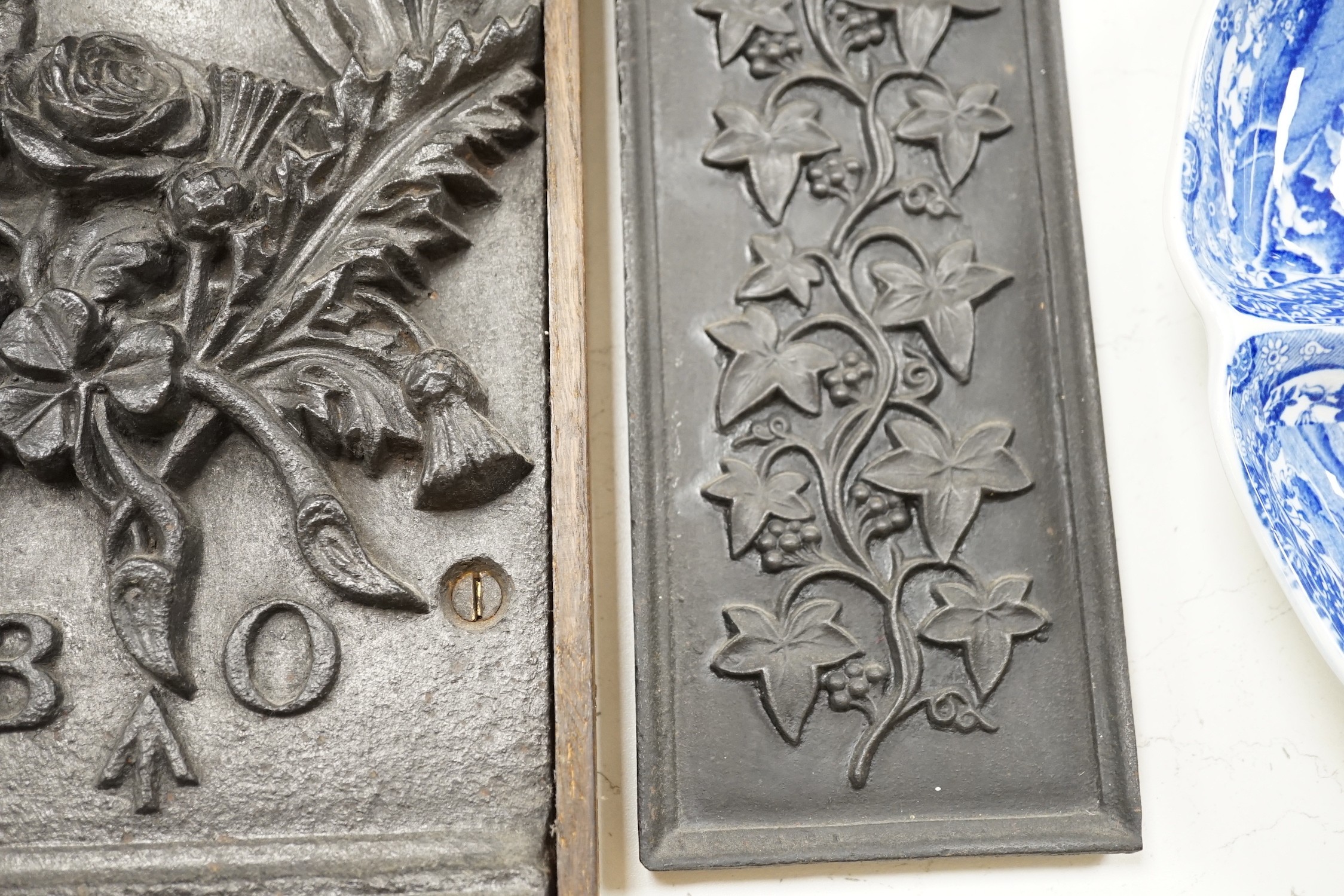 A pair of William IV Board of Ordinance cast iron framed plaques and a smaller plaque, each 54cms high x 17cms wide